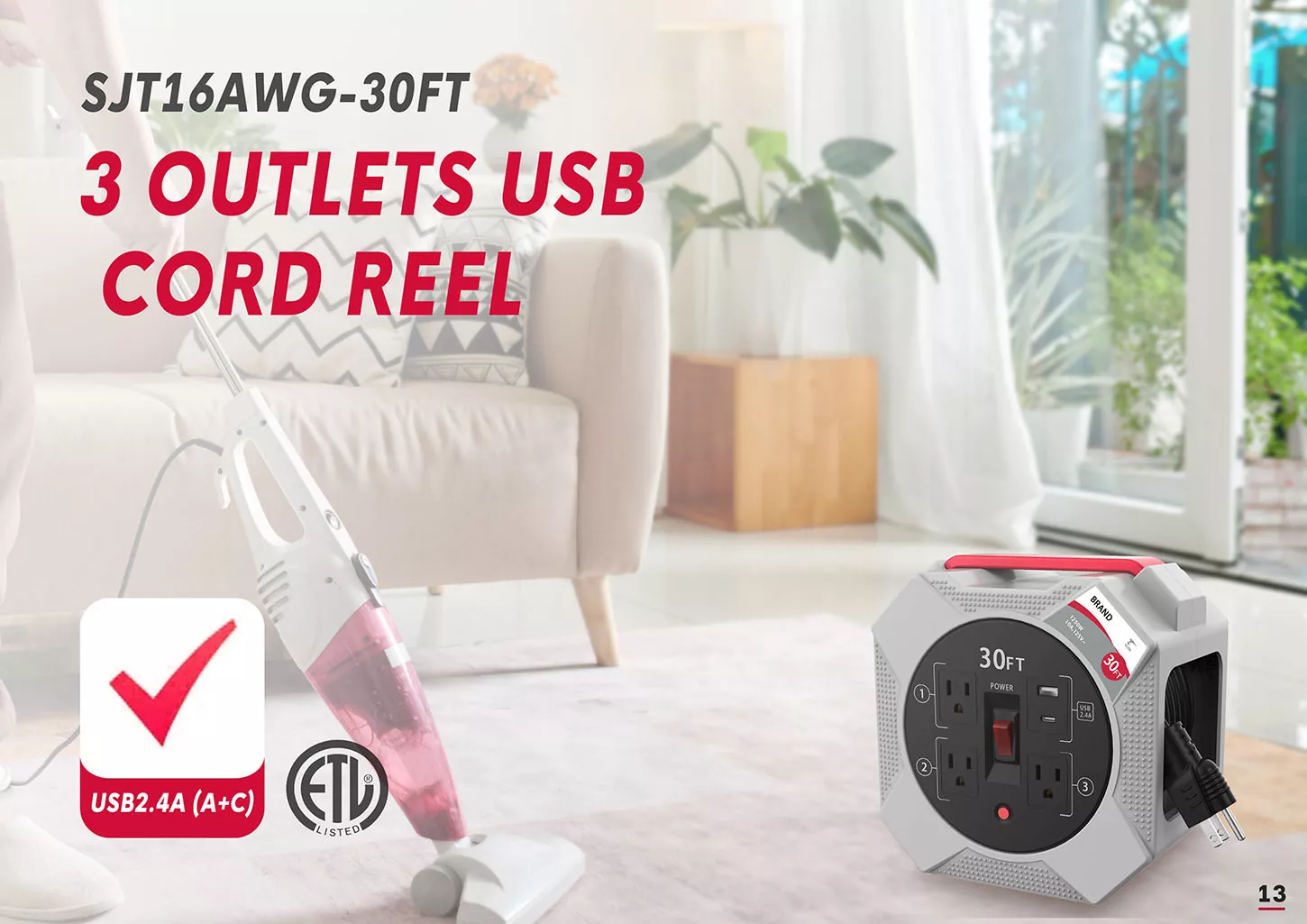 3 Outlets Usb2.4a Plastic Cord Reel